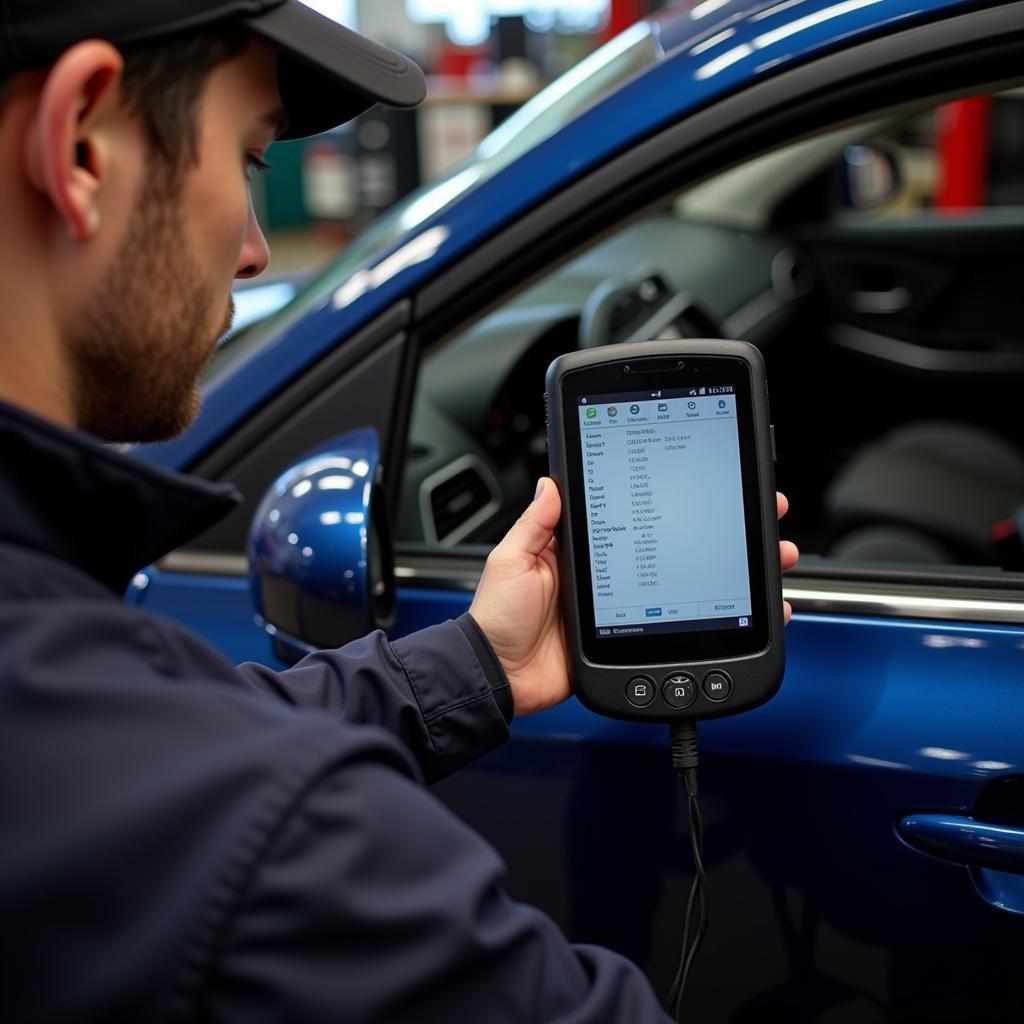 Modern Dealer Scanner in Use: The image shows a mechanic using a dealer scanner to diagnose a car's electronic systems, demonstrating how these tools provide detailed information about a vehicle's condition.