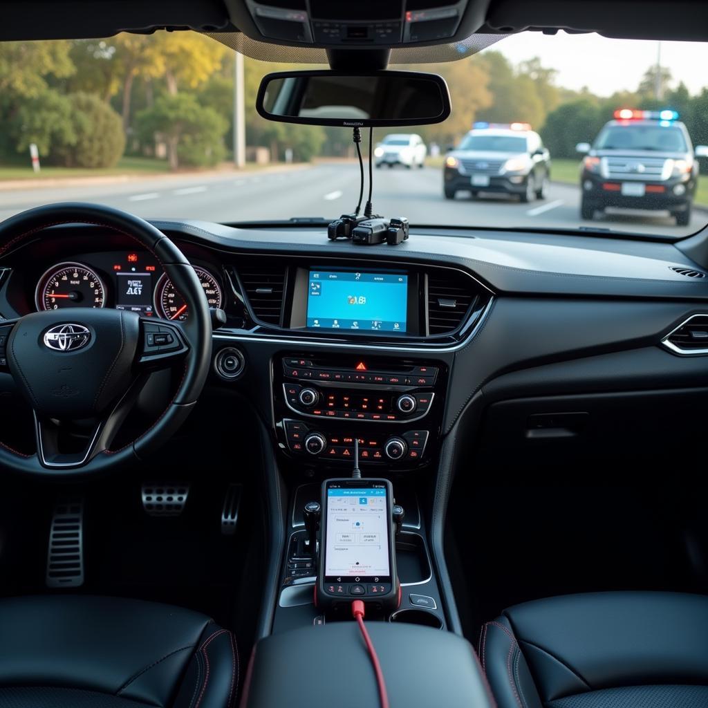 Modern Police Car Interior Featuring Advanced Technology like Dealer Scanners