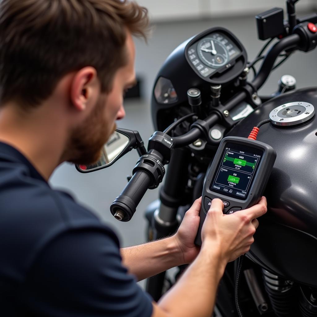 Mechanic using a diagnostic scan tool on a motorcycle