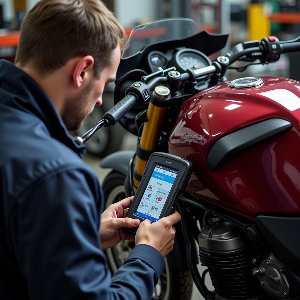 Motorcycle mechanic diagnosing a problem using a scan tool