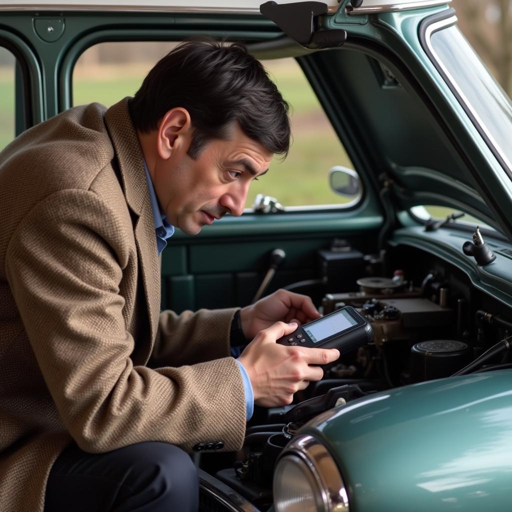 Mr. Bean performing a diagnostic check on his Mini using a dealer scanner.