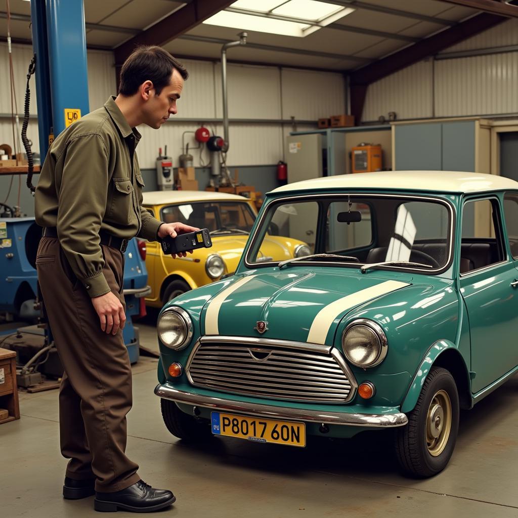 Mr. Bean's Mini in a repair shop, connected to a dealer scanner.