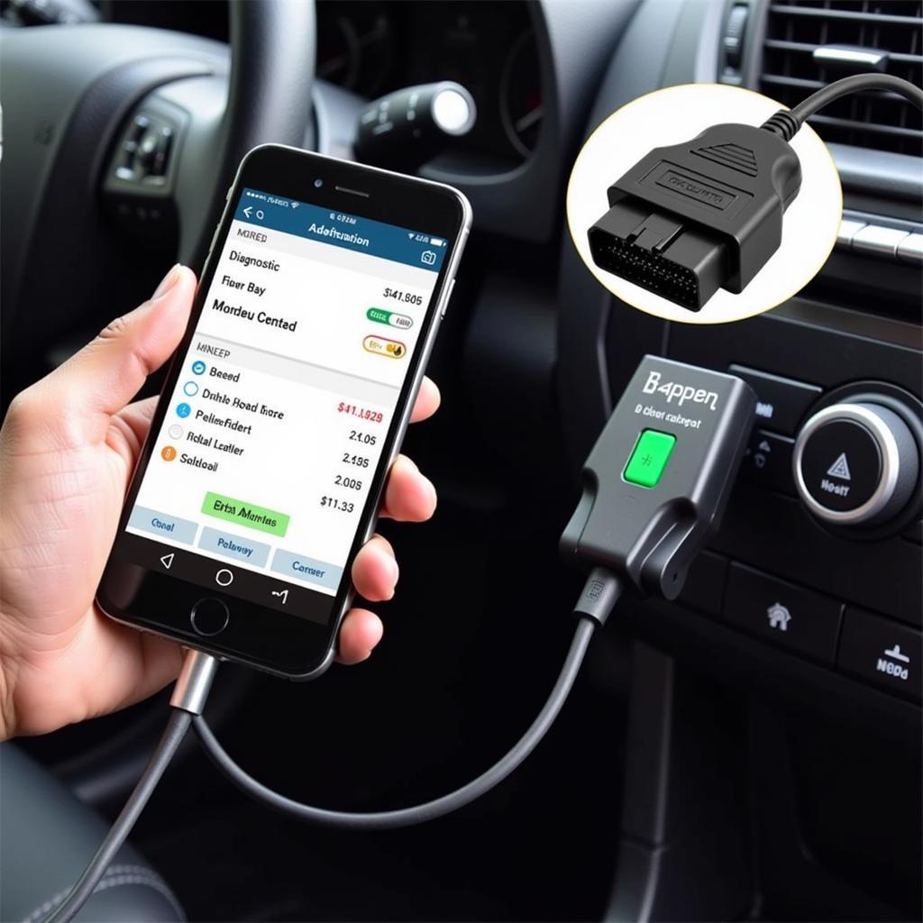 OBD2 Bluetooth scan tool connected to a smartphone