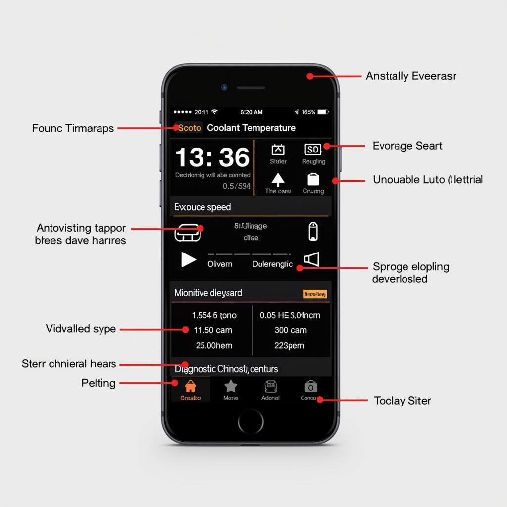 Smartphone displaying a user-friendly interface of an OBD2 scan tool app, showing various diagnostic data and options.