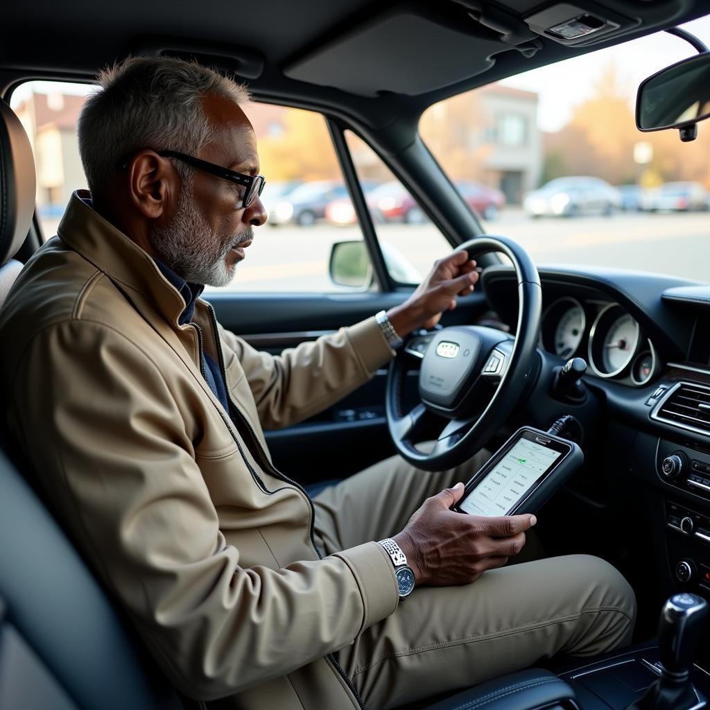 Senior African American Using Dealer Scanner in Classic Car