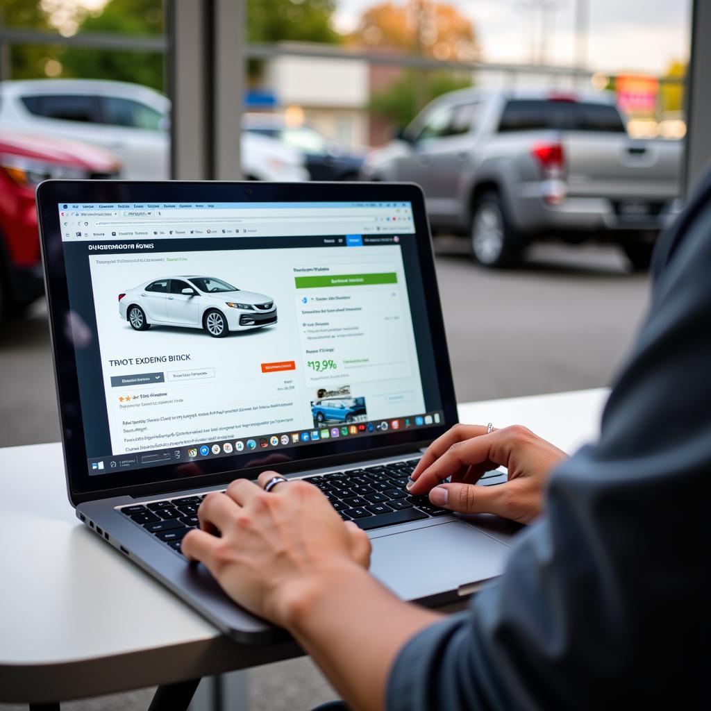 Person using a laptop to research car dealerships in Orlando