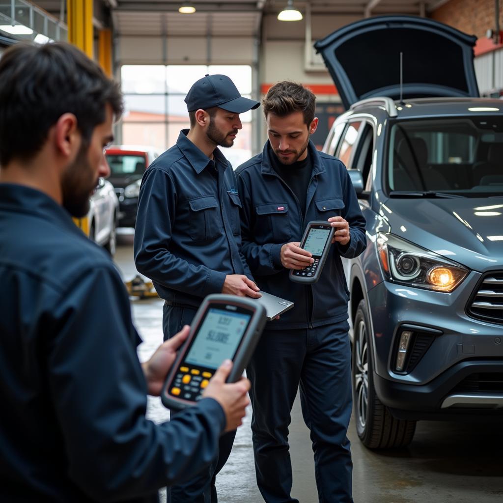 Technicians using Opti-Aim and Autel scanners in a professional automotive workshop.