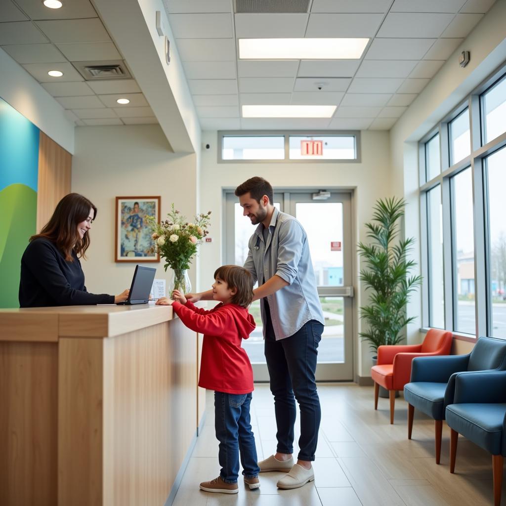 Parent Checking in at Urgent Care Reception