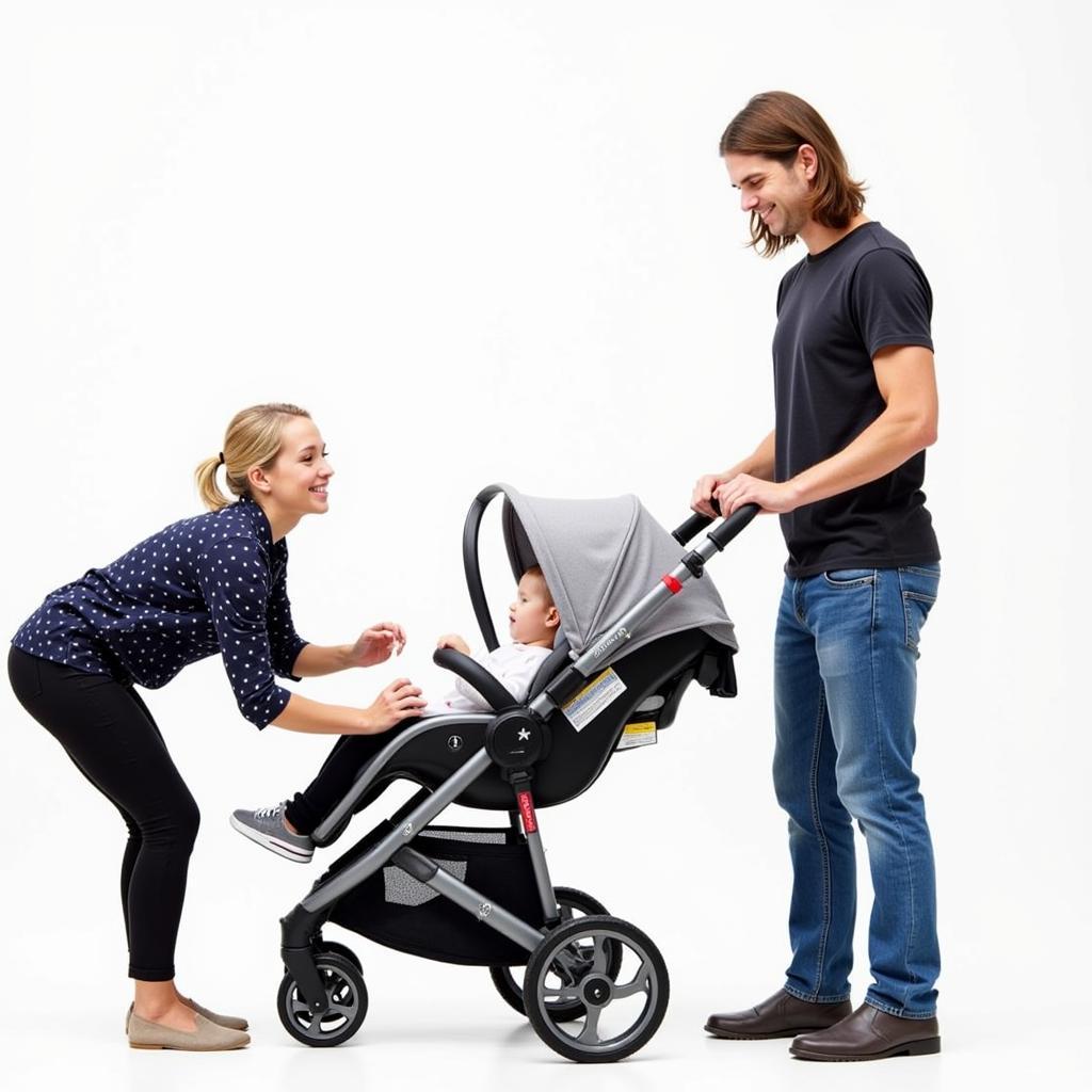 Parent Transferring Baby from Car Seat to Stroller using a Travel System