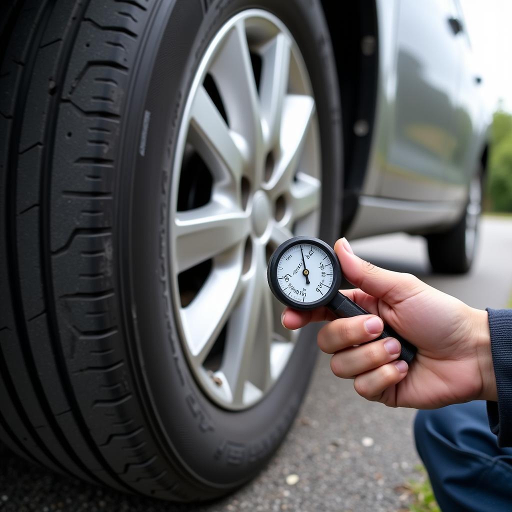 Person Checking Car Tire Pressure