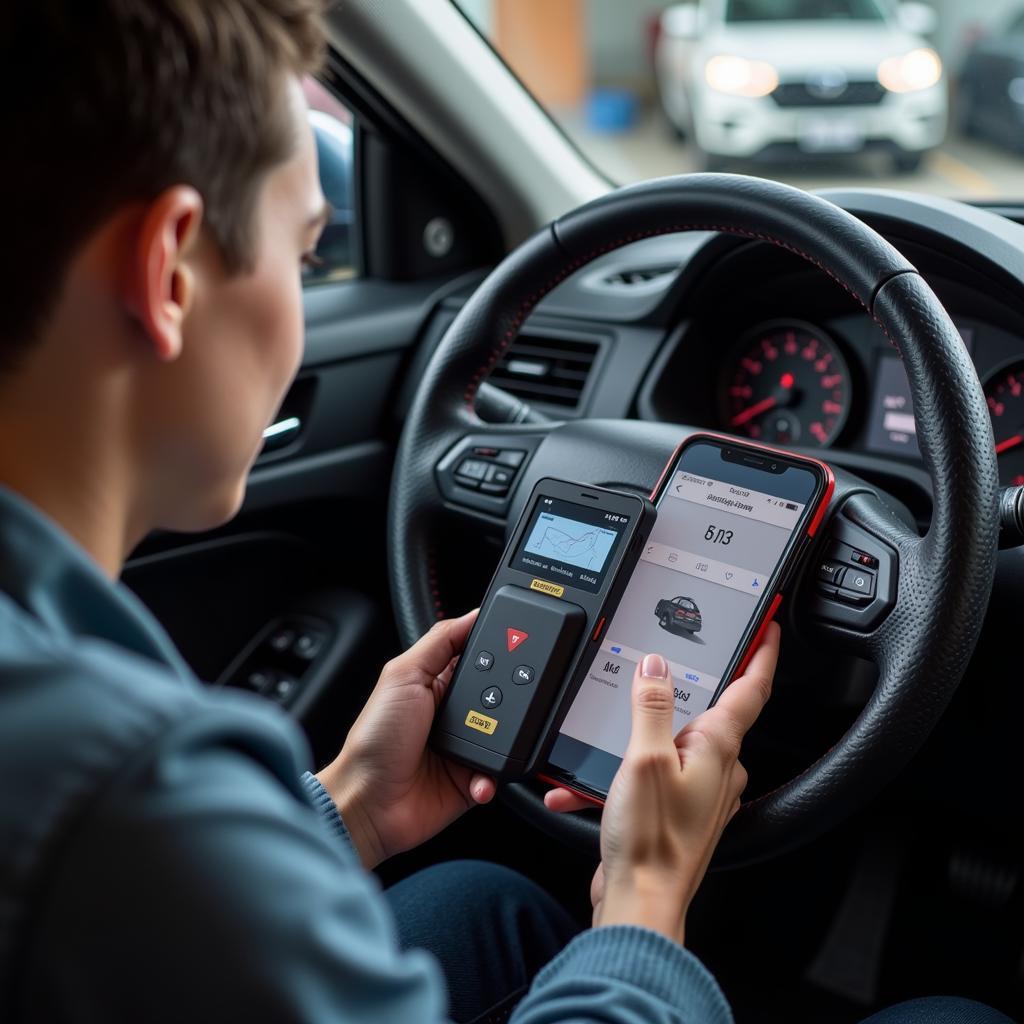 Person Using Autel AP200 to Diagnose Car