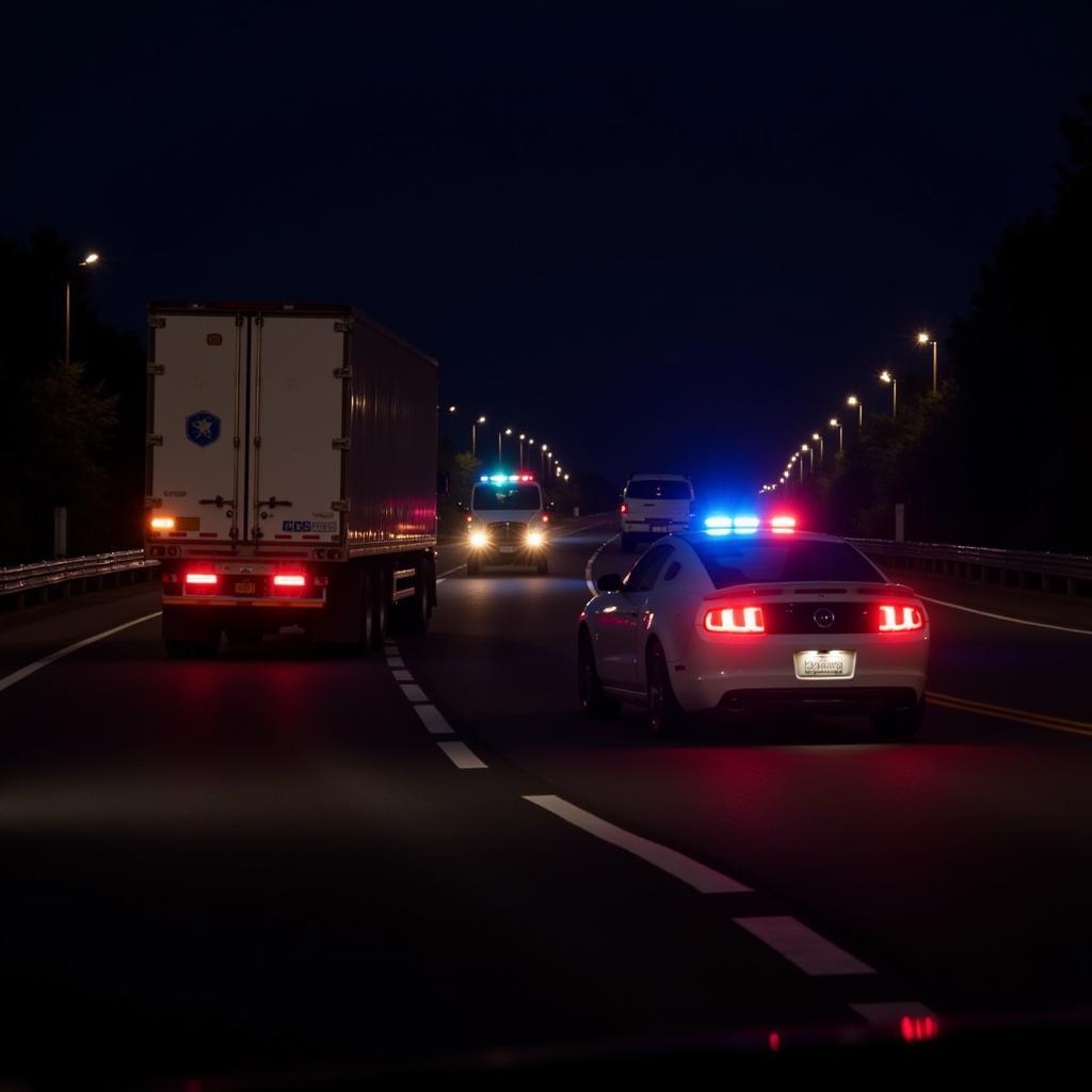 Pilot Car Escorting Oversized Load at Night