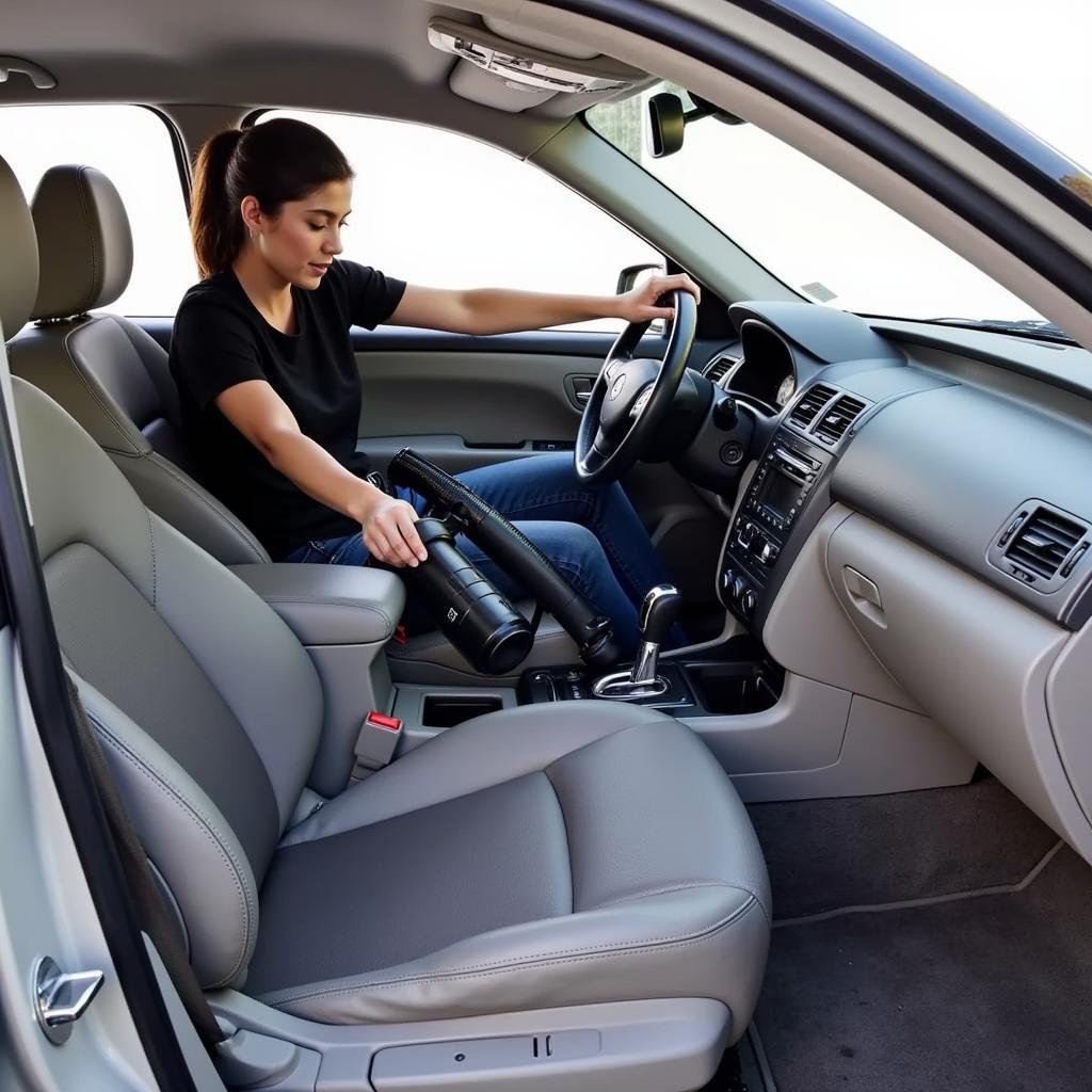 A person using a portable car vacuum inside their car