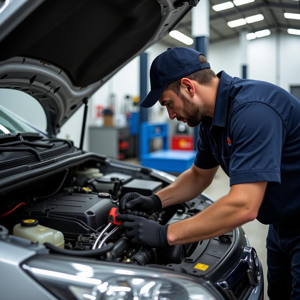 Mechanic performing a pre-purchase inspection on a used car in Portland