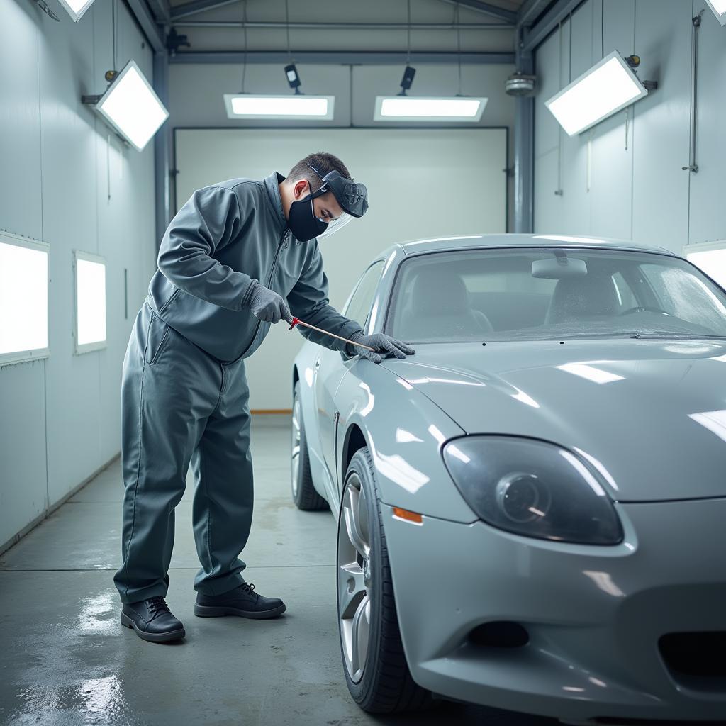 Professional Car Painter Applying Base Coat