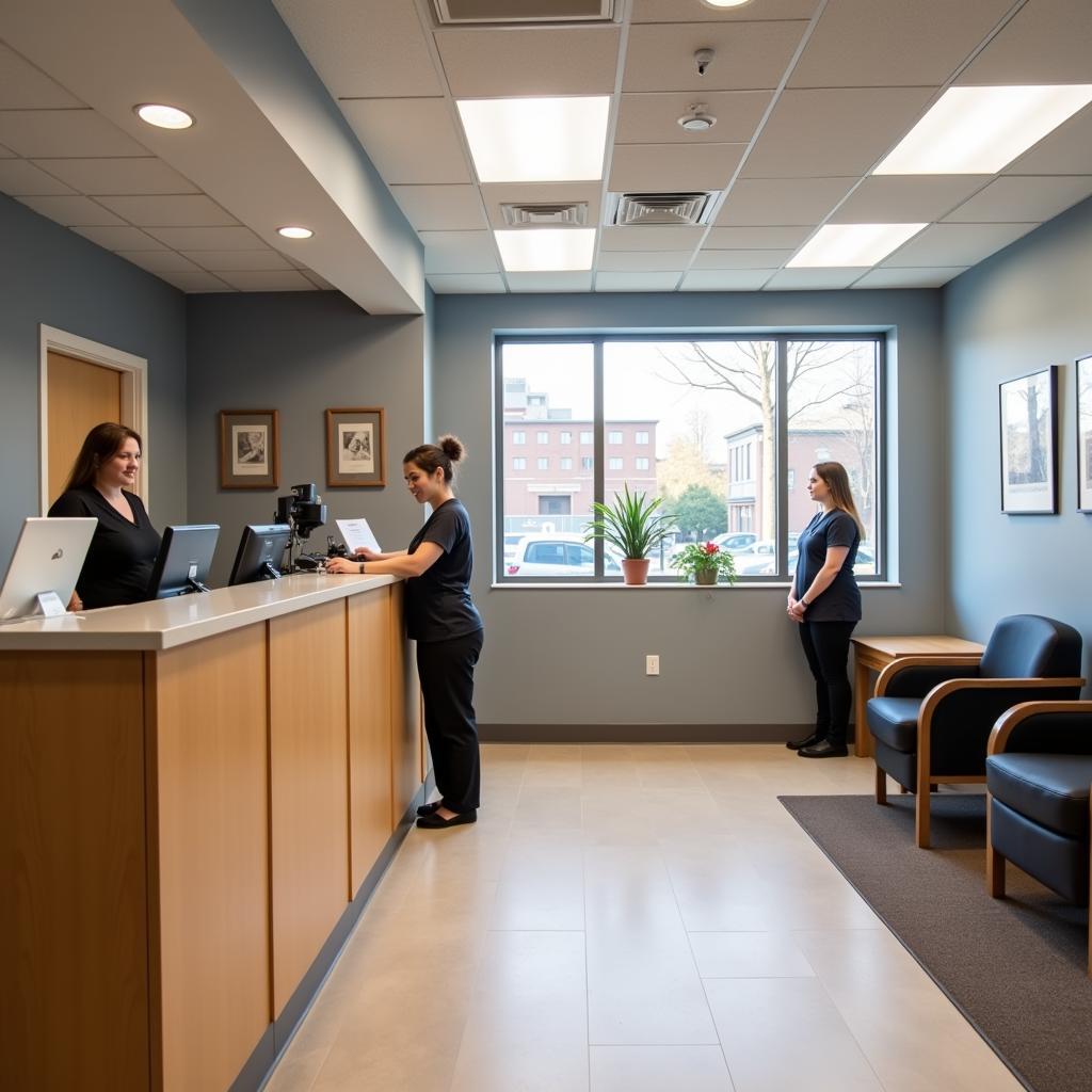 Friendly staff assisting patients at the Promedica reception desk