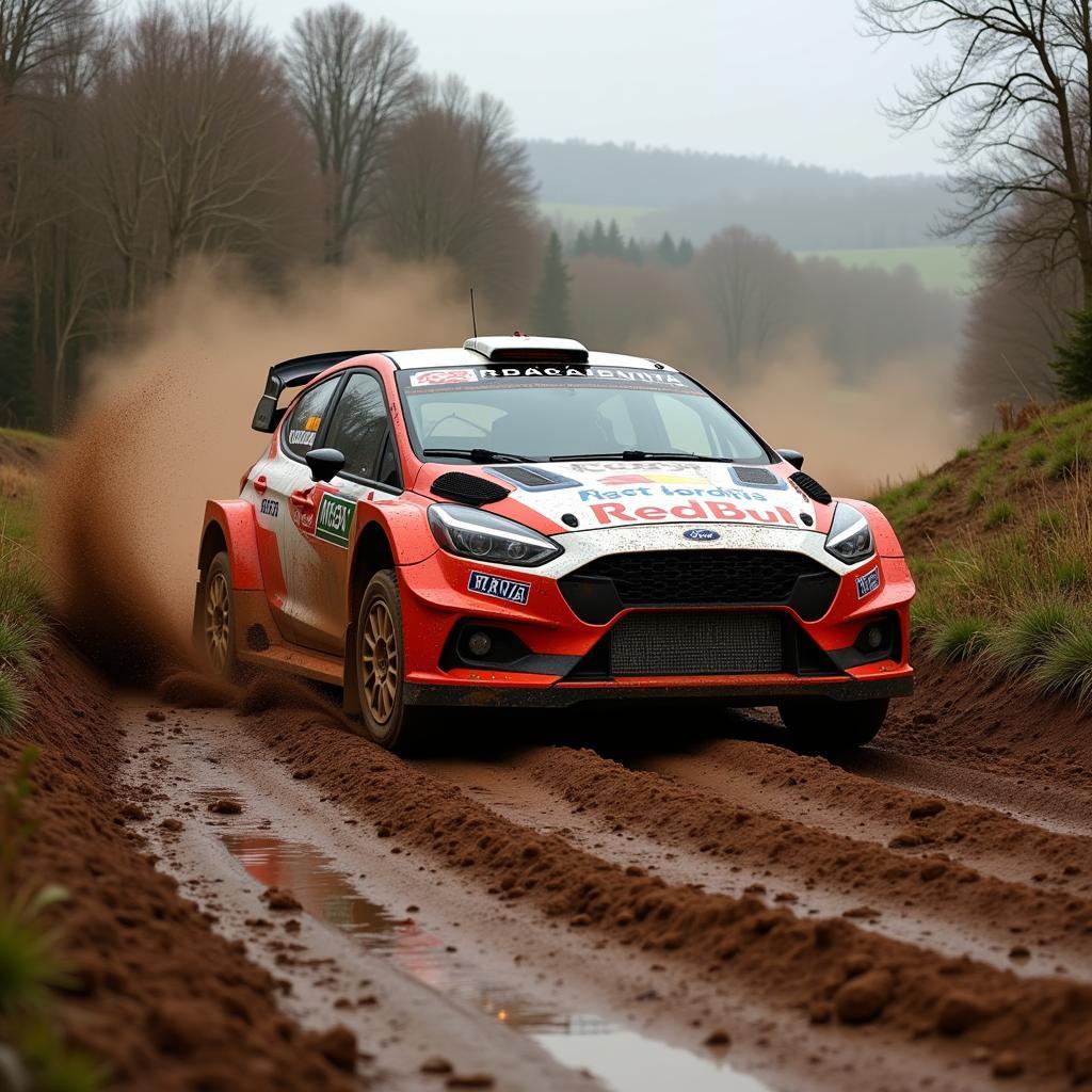 Rally Car on Muddy Track