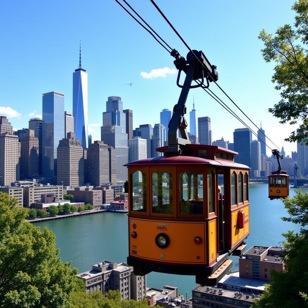 Roosevelt Island Cable Car against the backdrop of the Manhattan skyline.