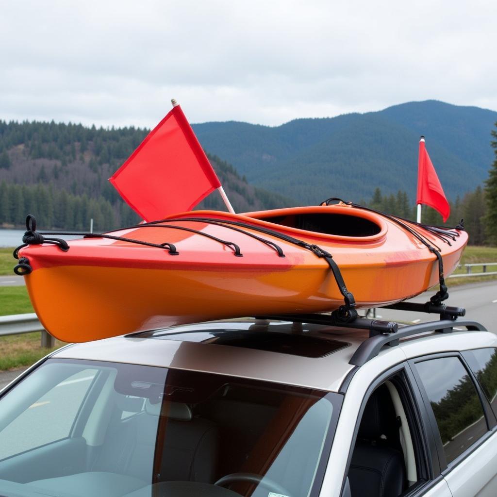 Secured Kayak on Car Roof with Flags