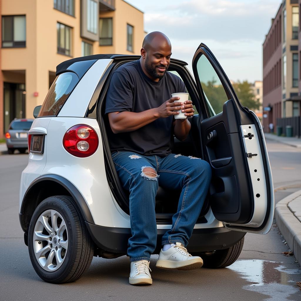 Shaquille O'Neal squeezing into a Smart Fortwo car