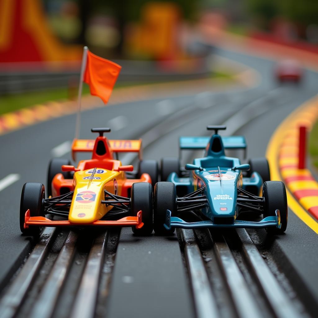 Close-up of slot cars racing on a track