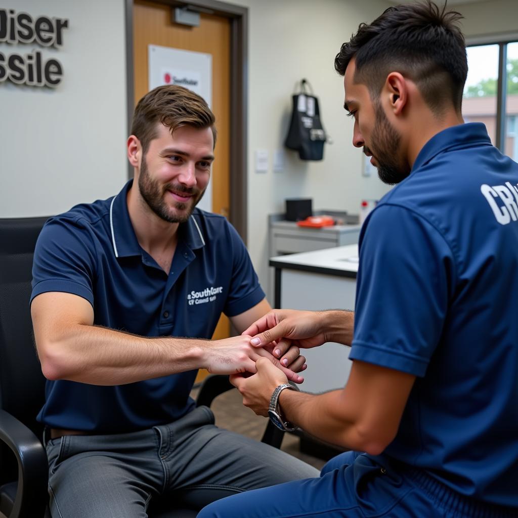 Technician receiving treatment for a hand injury at Southstar Urgent Care