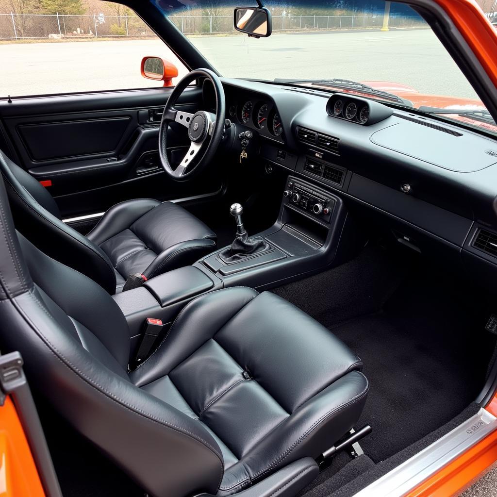 Stunt Car Interior Full View: A wide shot of a stunt car interior showing the steering wheel and other modifications.