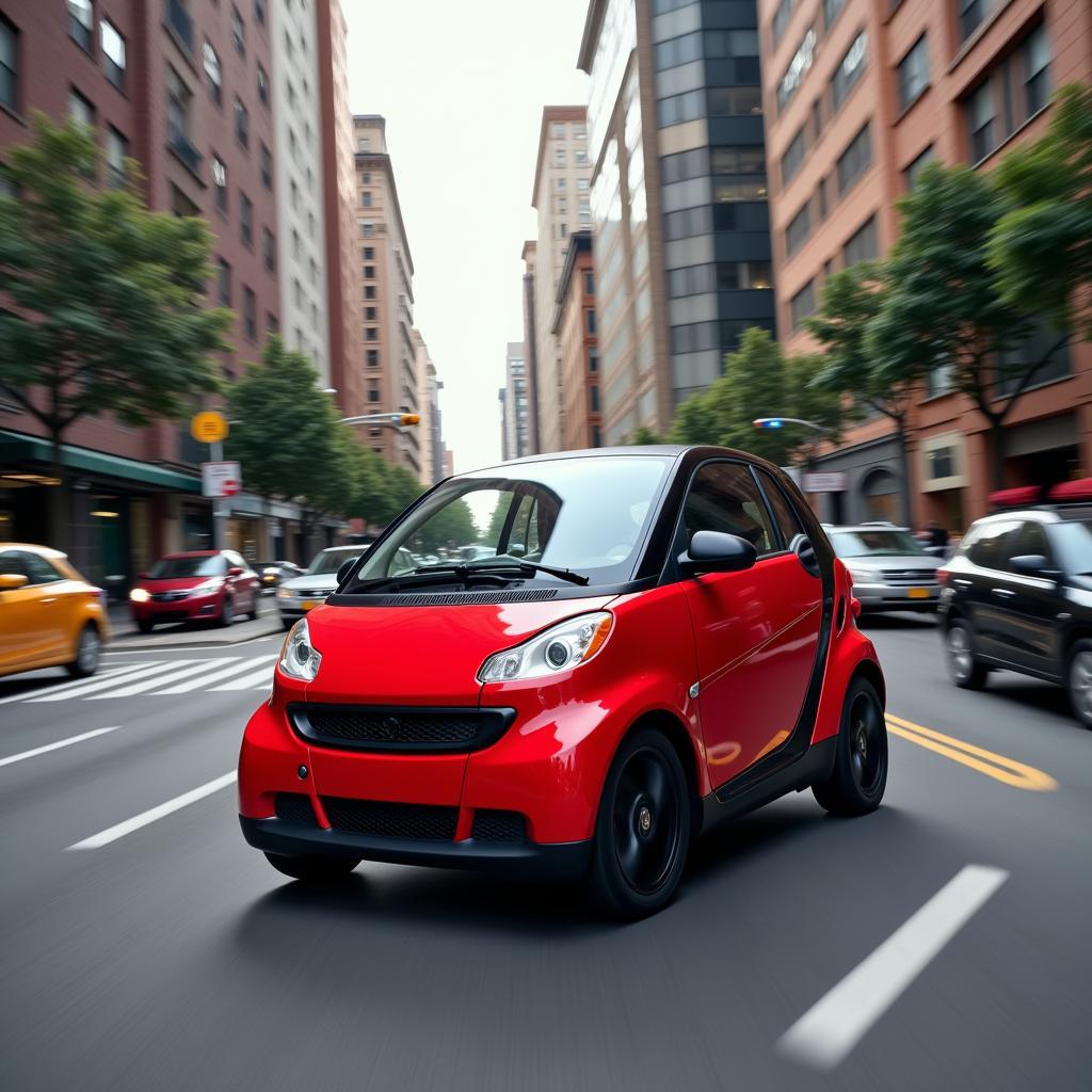 Subcompact Car Navigating City Streets