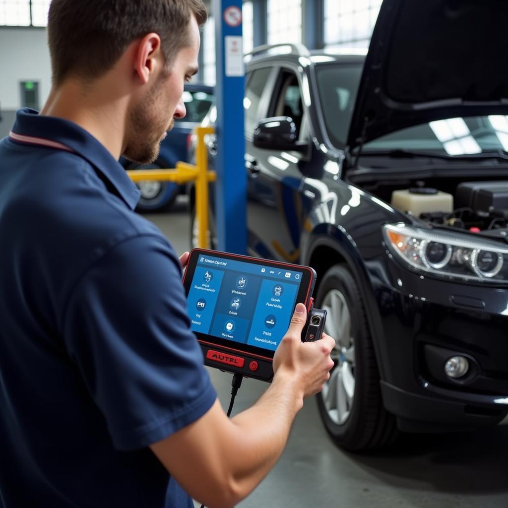 Technician using the Autel GBox2 for ADAS calibration