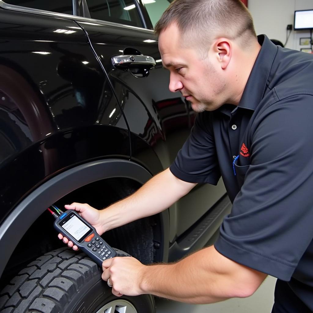 A technician using the Autel MaxiSys Scope to diagnose a vehicle.