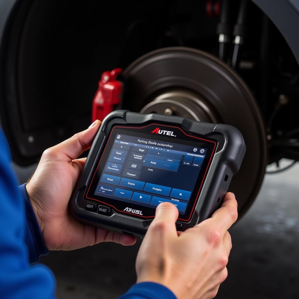 Technician Using Autel Tool to Adjust Parking Brake