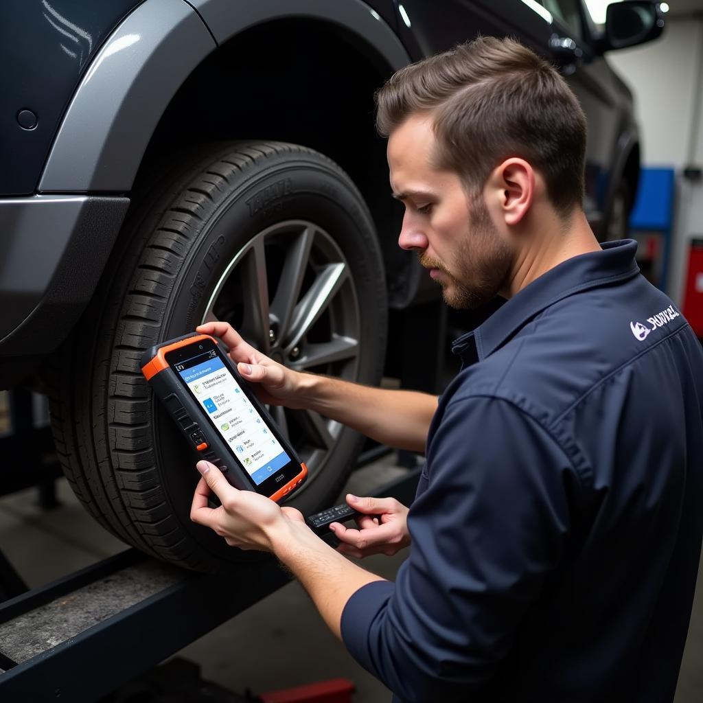 Technician Using Autel TS501 to Program TPMS Sensor