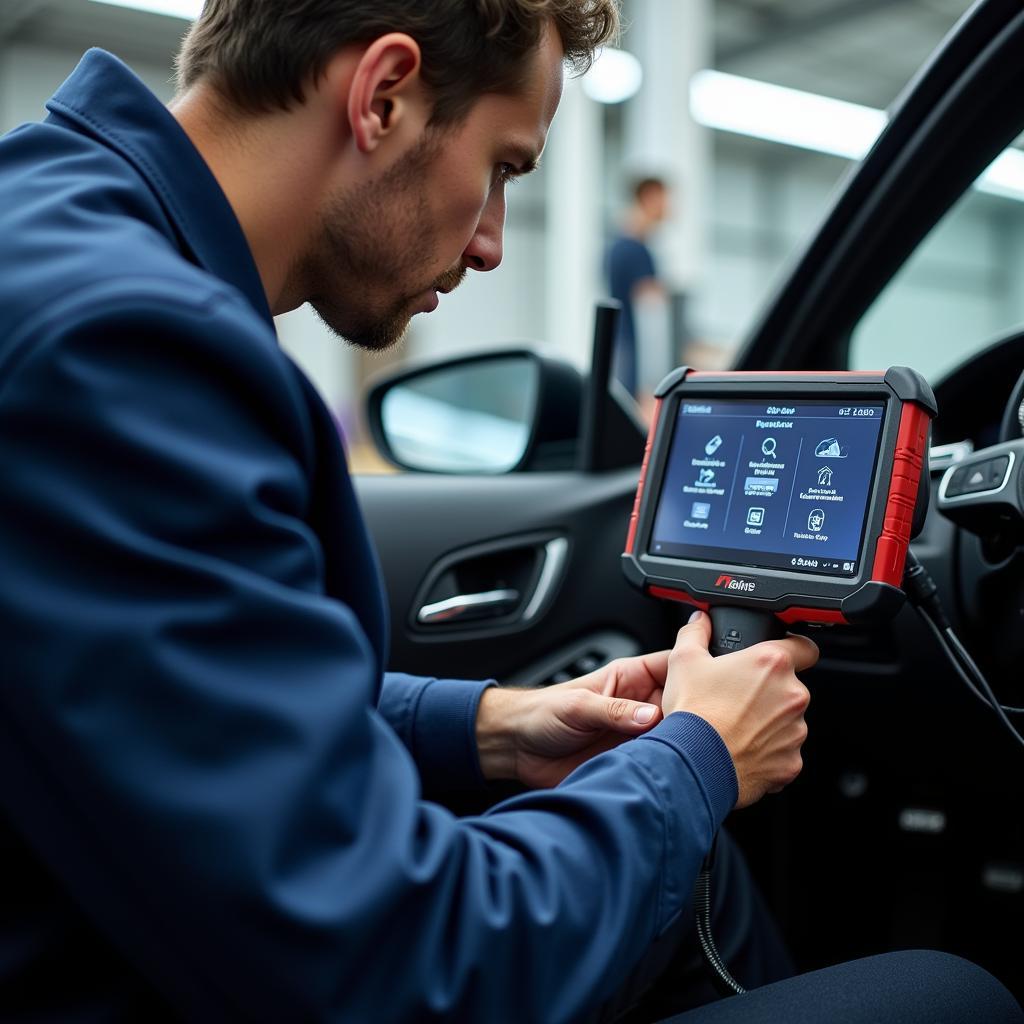 Technician Utilizing a Dealer Scanner for Accurate Diagnostics