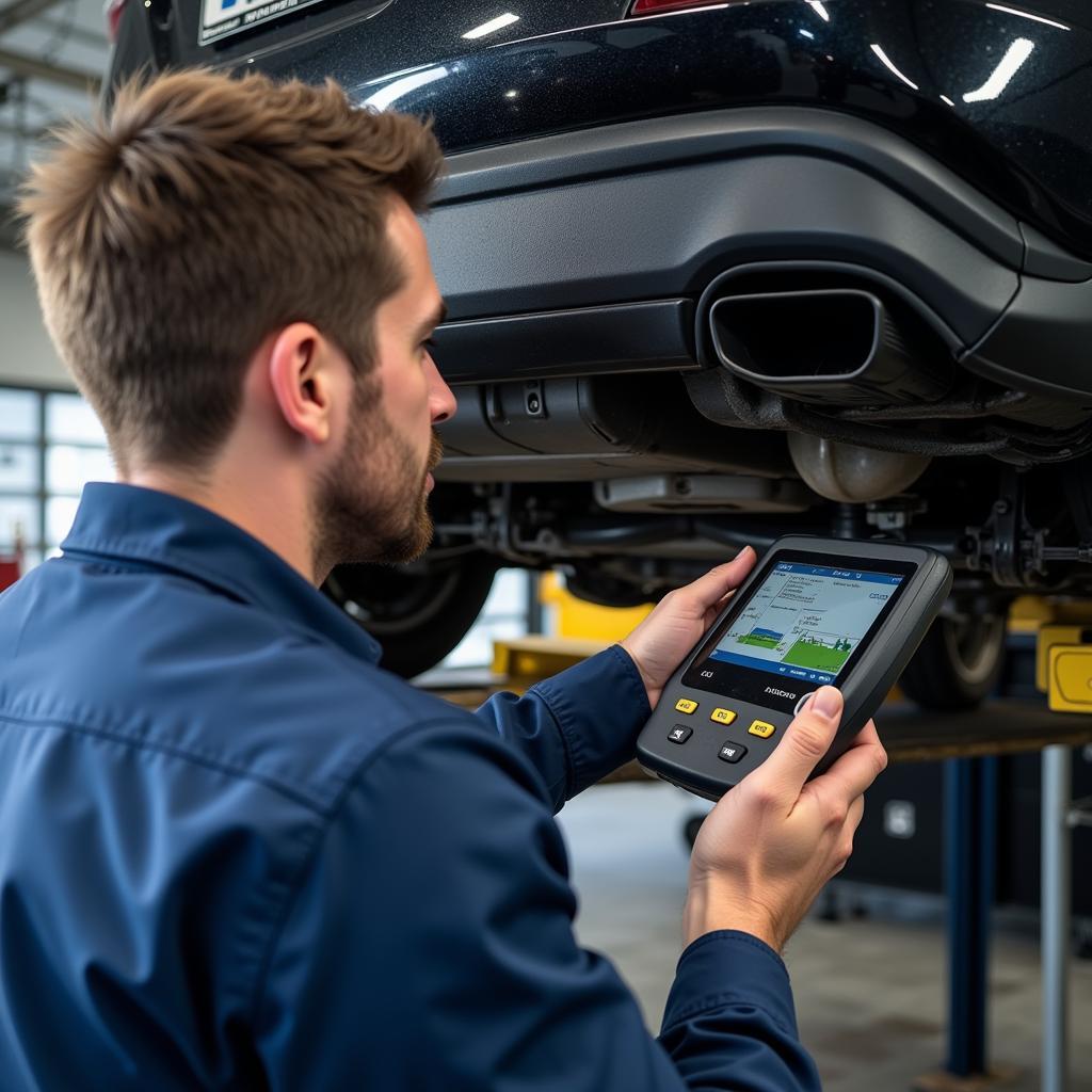 Technician Using Dealer Scanner for Akarpo Car Accident Repair