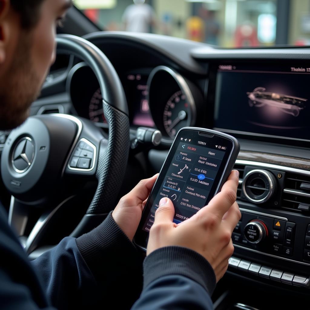 Technician Using Dealer Scanner on Mercedes-Benz