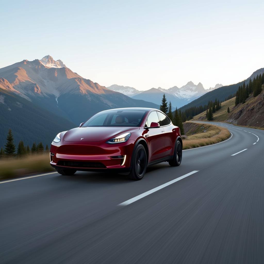 Tesla Model Y Driving on a Scenic Road