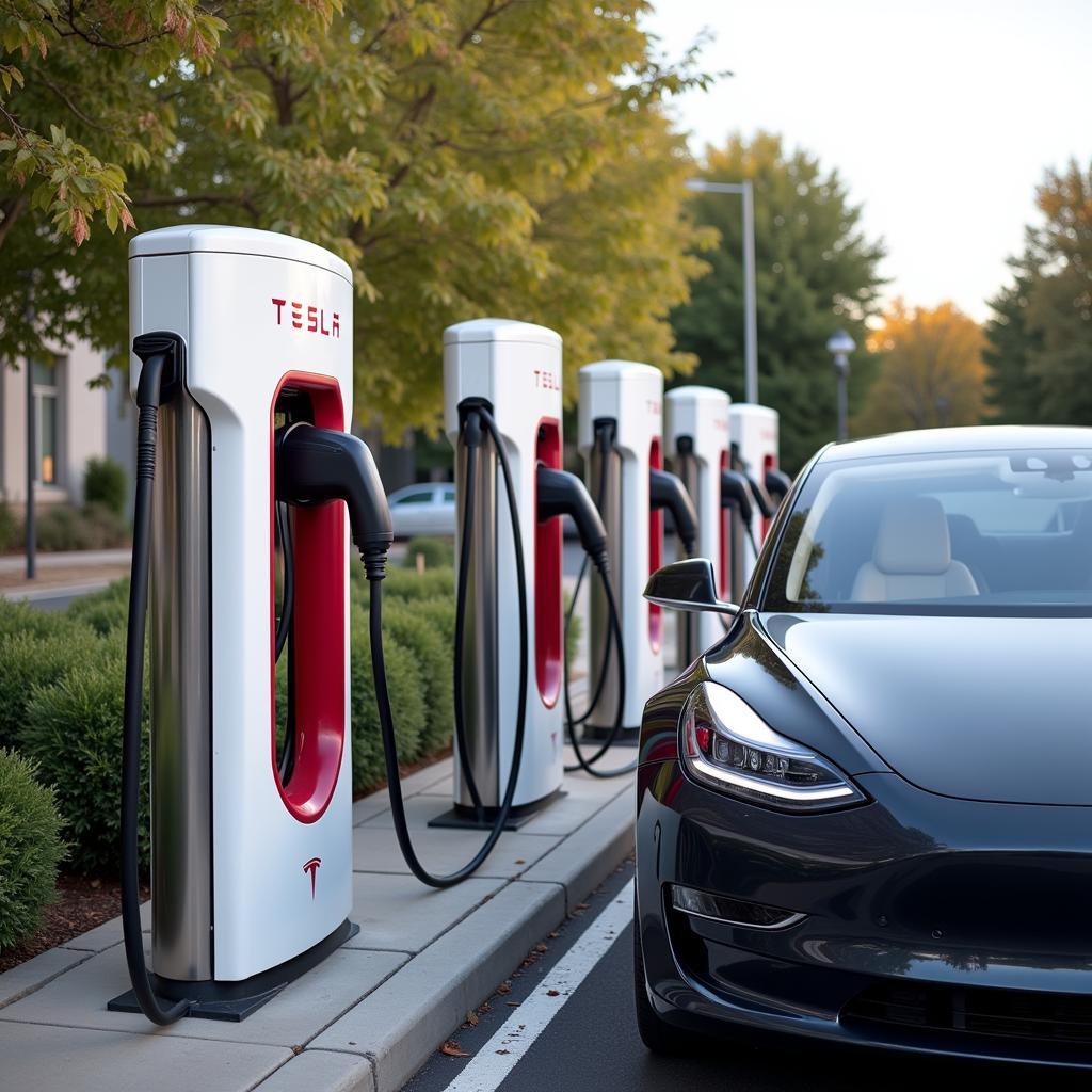 Tesla Supercharger Station with Cars Charging