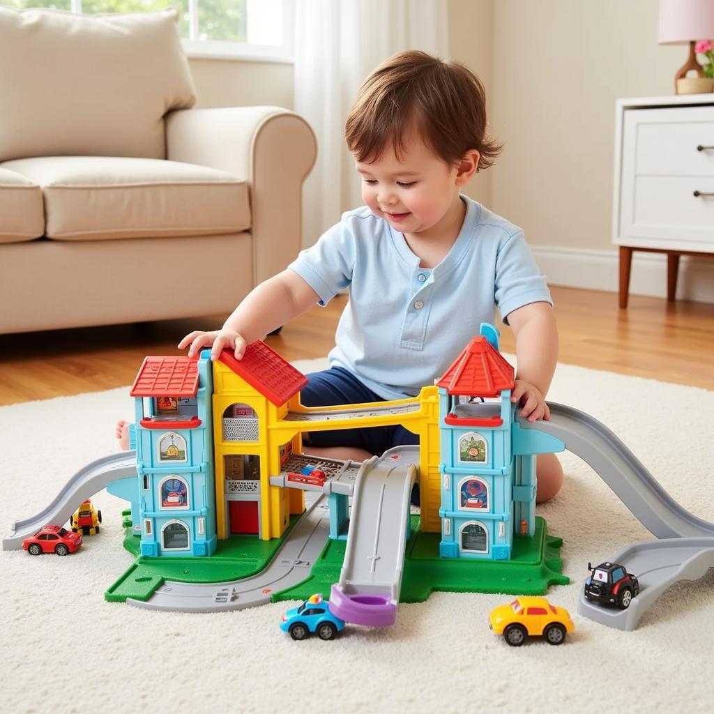 Toddler Playing with Cars and Road Playset