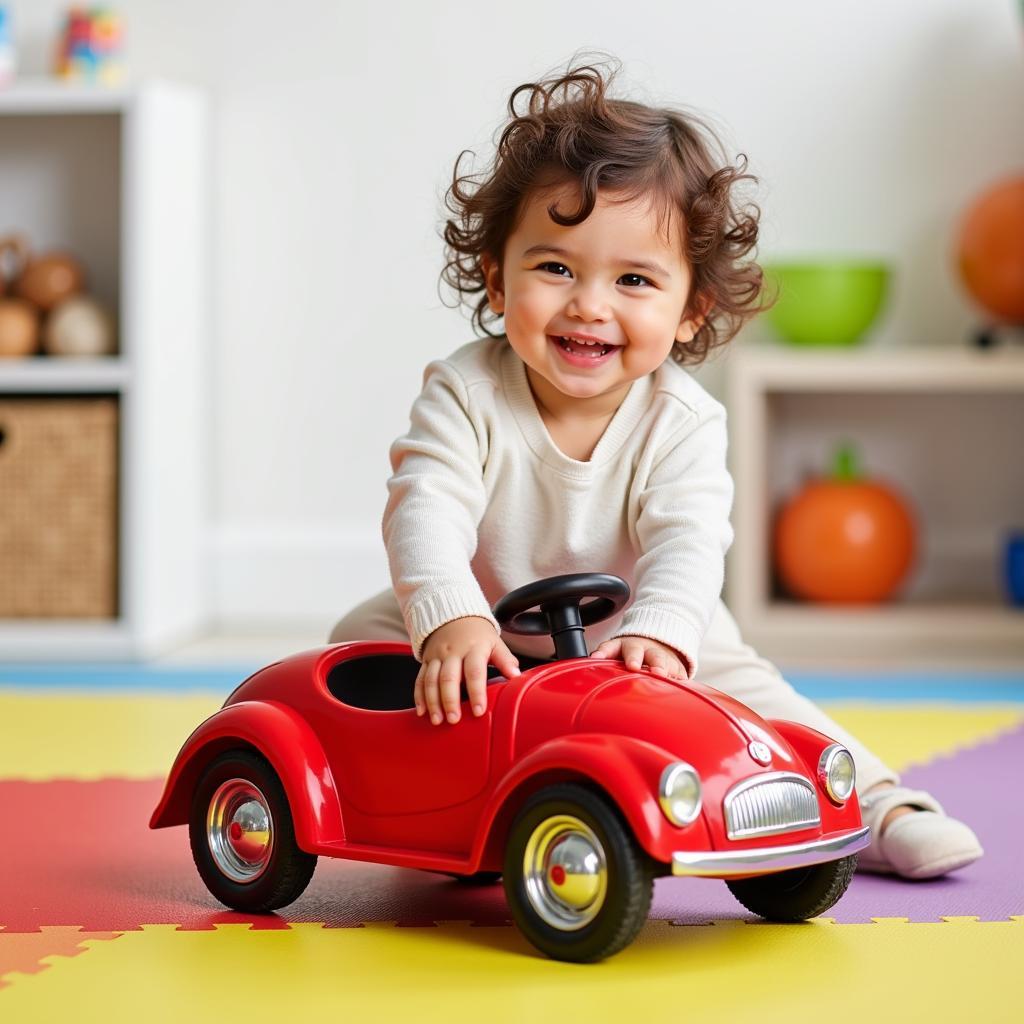 A toddler happily playing with a bright red toy car on a colorful play mat