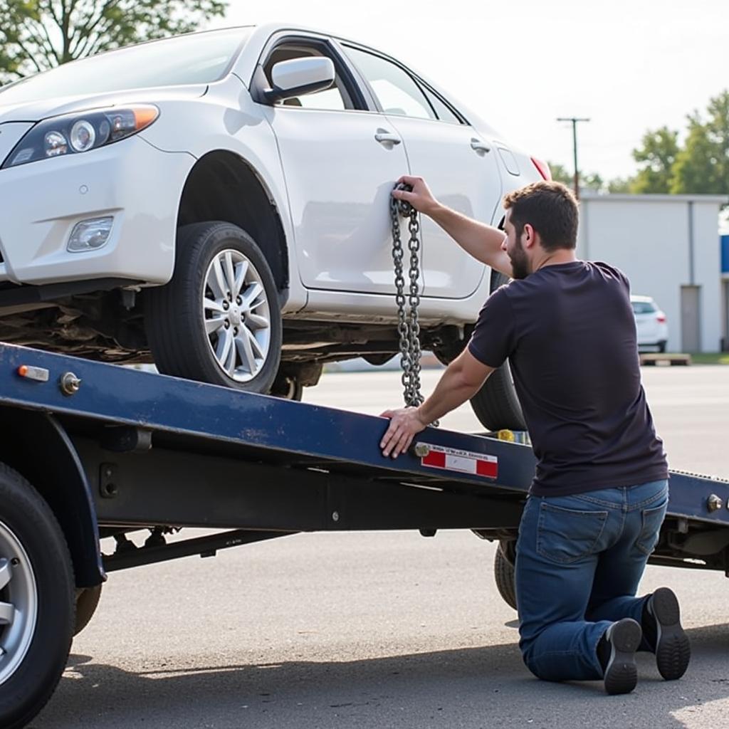 Tow truck operator connecting a car to the tow truck