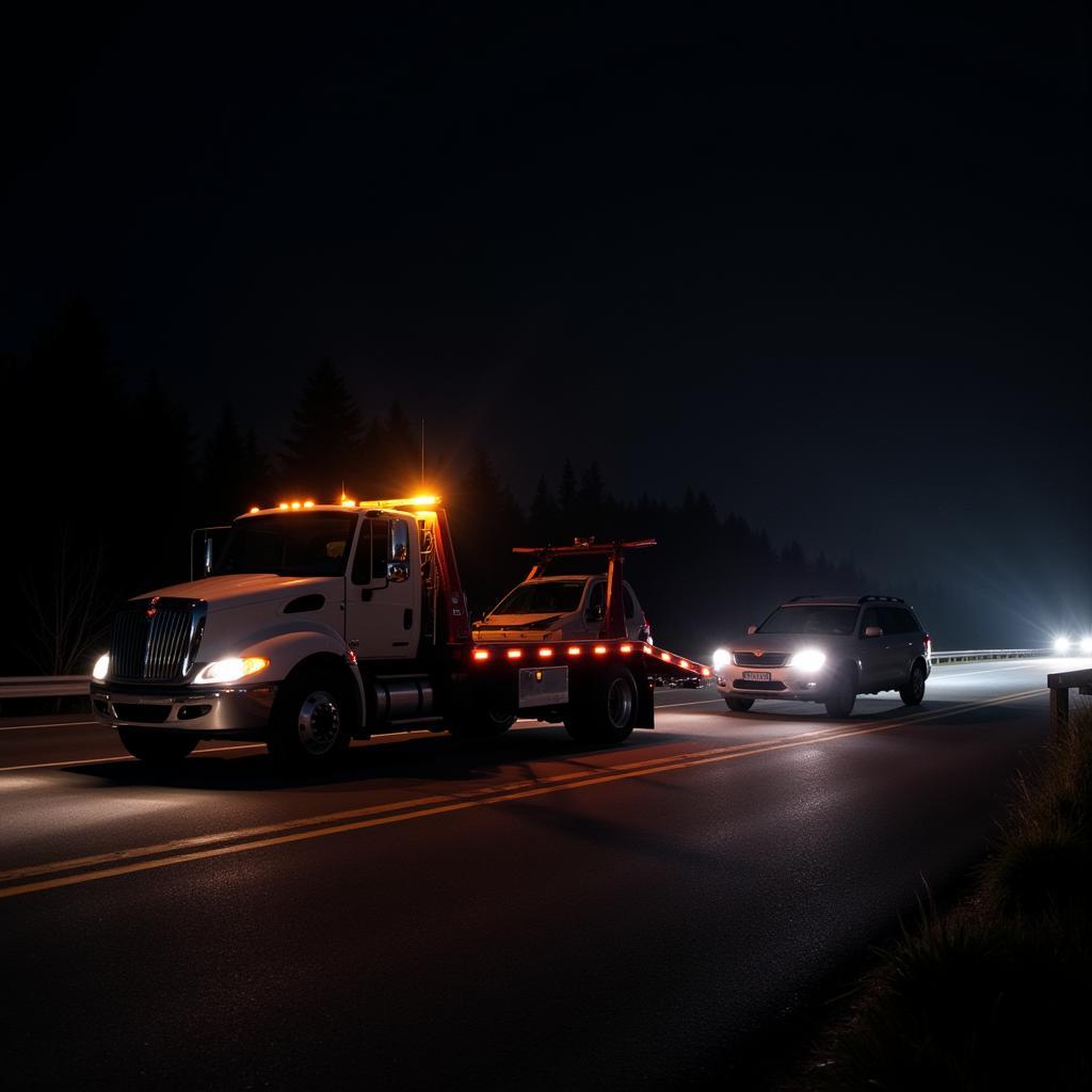 Towing a car at night on a highway