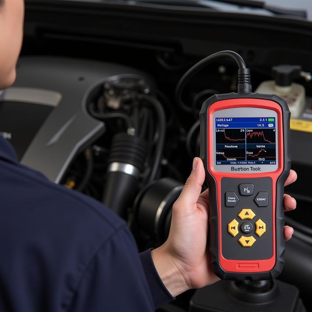 U281 Diagnostic Scan Tool in Use - A mechanic uses the U281 scan tool to diagnose a car's engine problem, displaying live data on the screen.