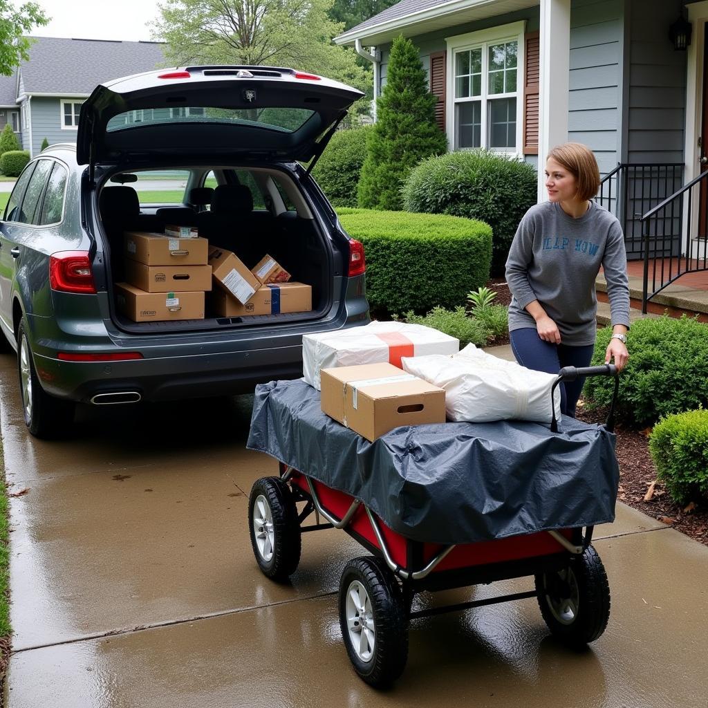 Using a wagon to efficiently unload items in the rain under a tarp