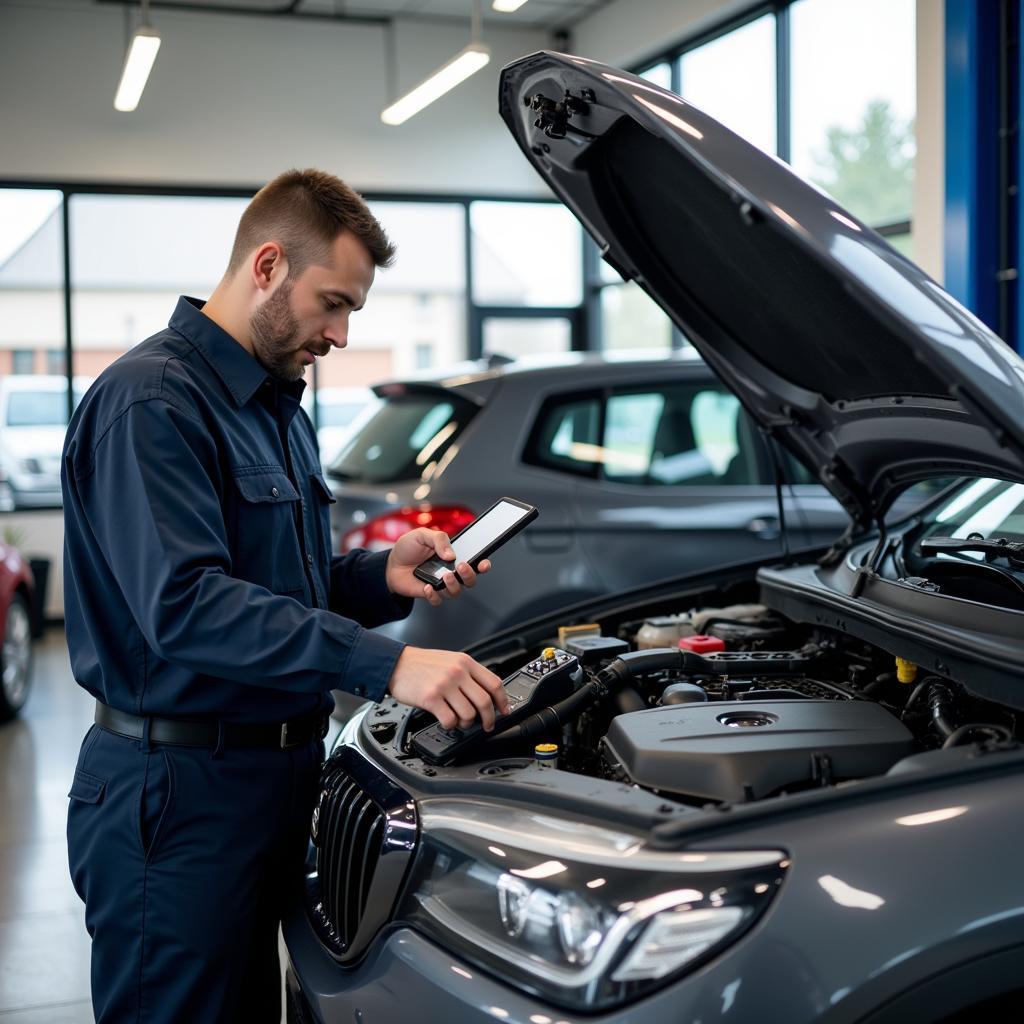 Pre-purchase inspection at a used car dealership