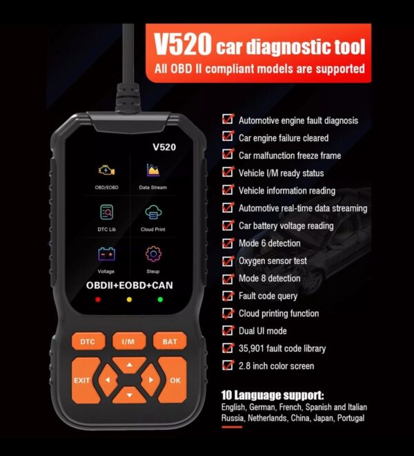 V520 Car Engine OBD OBD2 Scanner Diagnostic Code Reader Battery Tester Tool - Image 2