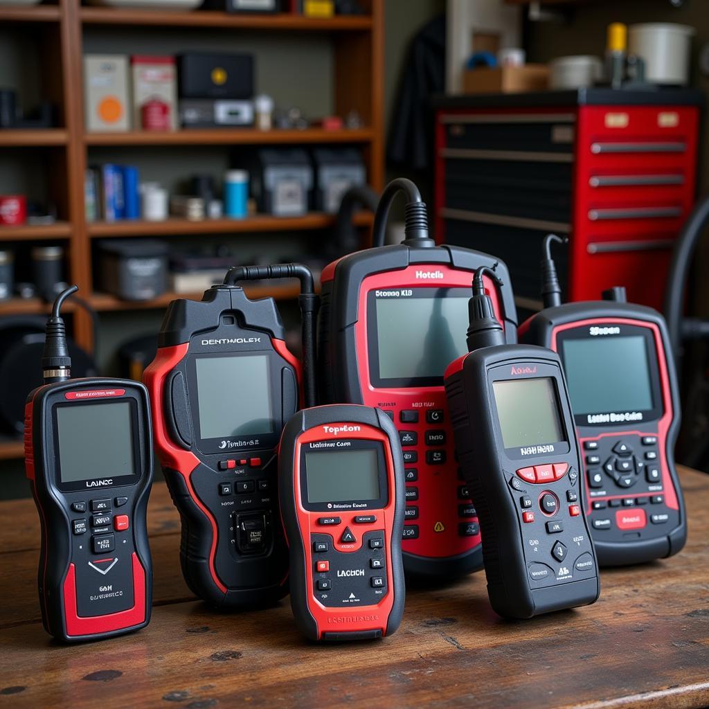 Various Diagnostic Scanners Displayed on a Workbench