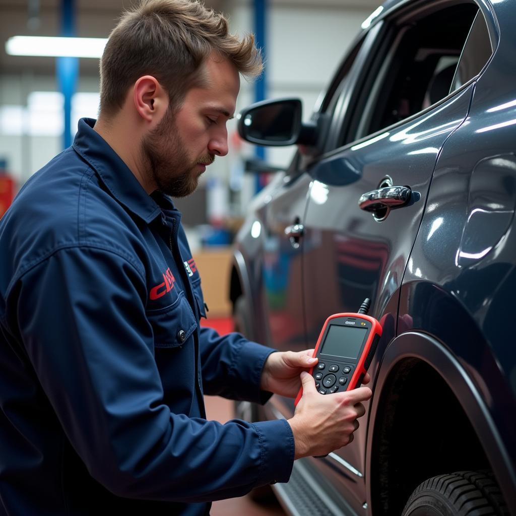 Mechanic Using Vega Scanning Tool on a Vehicle