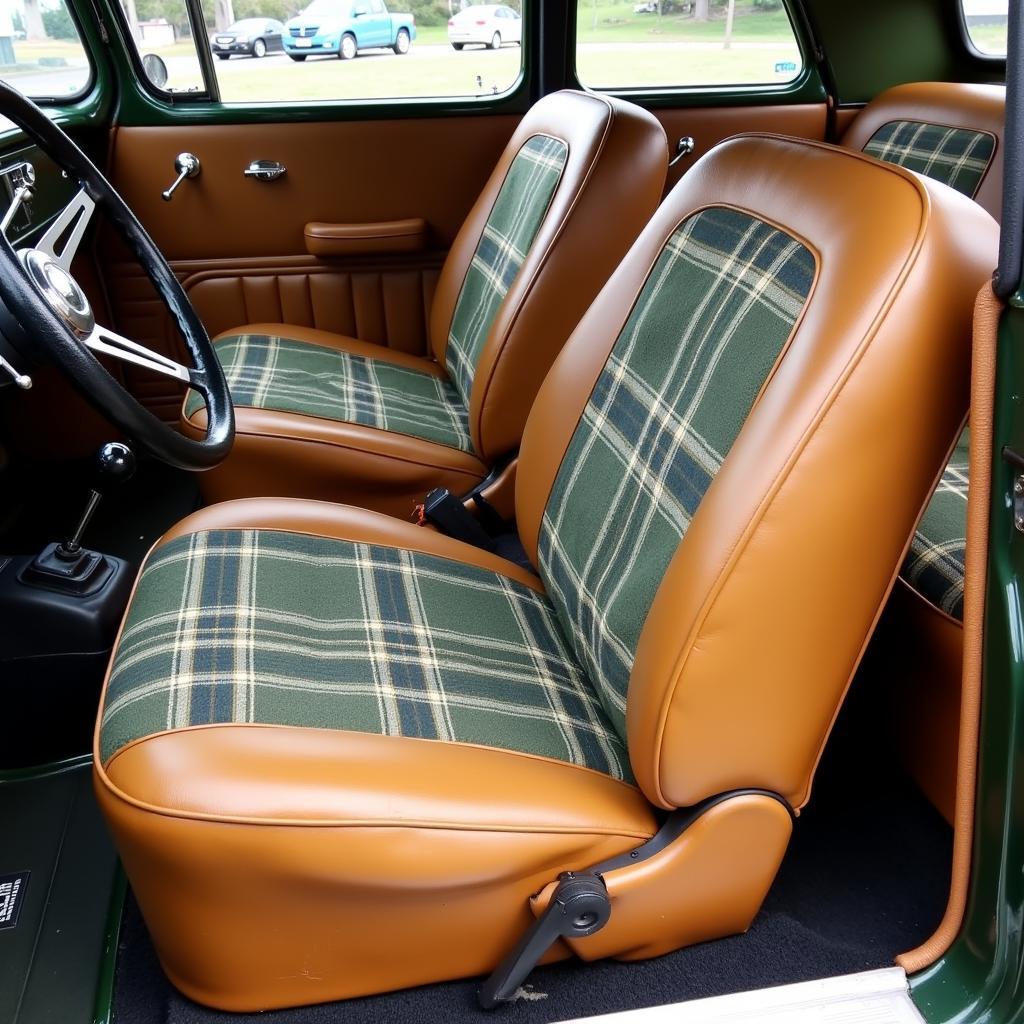 Vintage Tan and Green Plaid Car Seats in a Classic Car