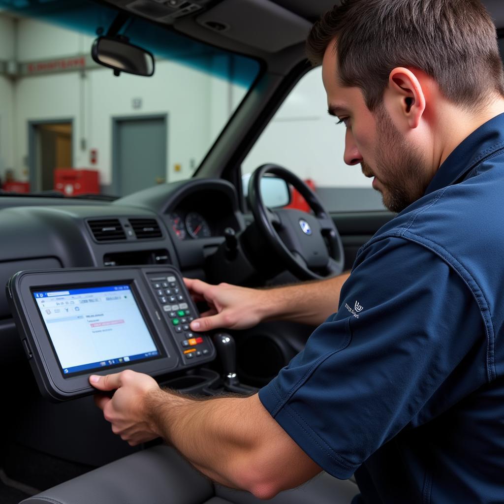 Volvo Mechanic Using a Scan Tool in a Workshop