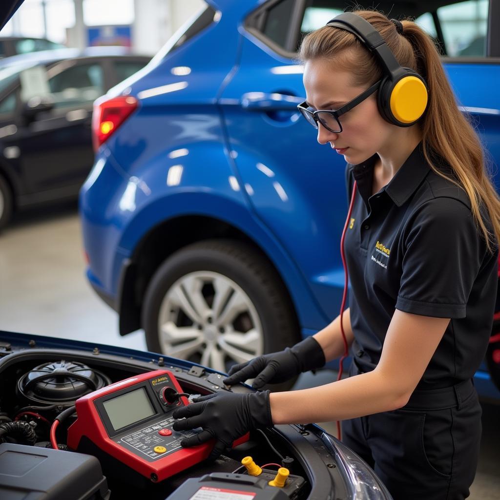 Walmart auto care center technician testing a car battery